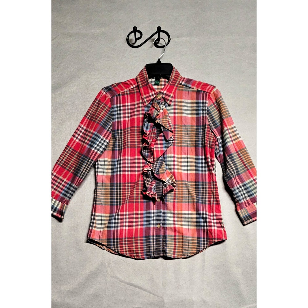 Red Plaid With Ruffle Trim Front Ls Button Down Lauren Ralph Lauren Blouse Sz S